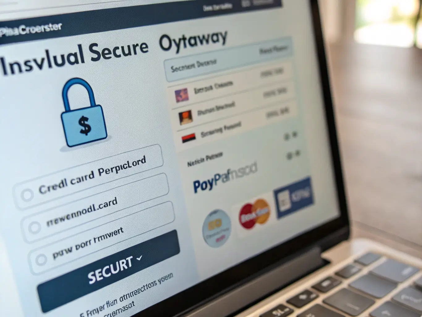 A graphic illustrating a secure payment gateway with various payment options (credit cards, PayPal) displayed. The design emphasizes security and trust.